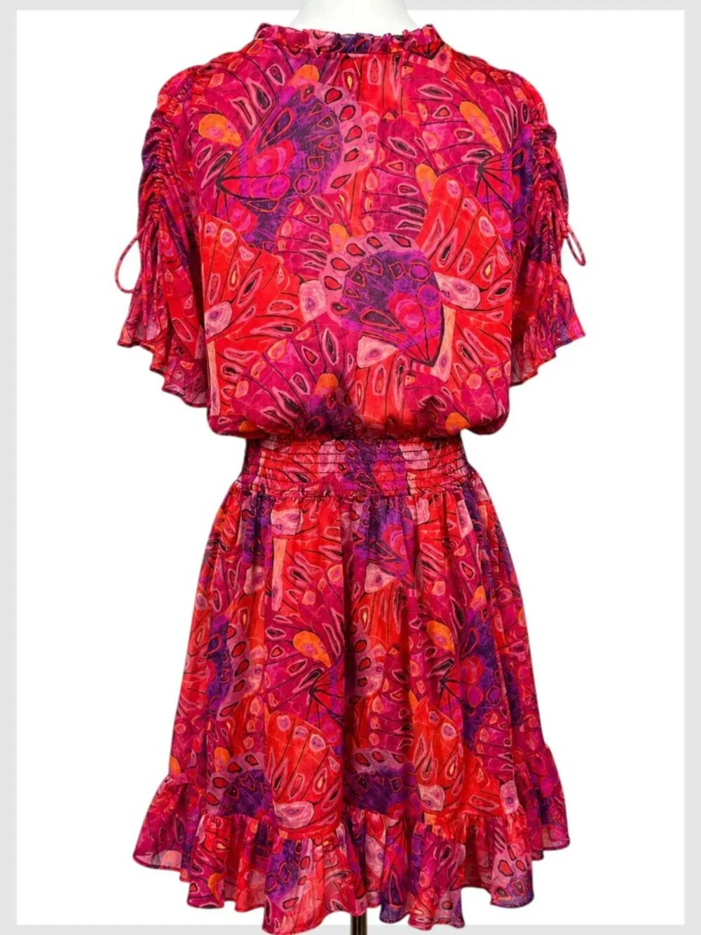 MISA Los Angeles Dominique Mini Dress Red Pink Smocked Ruffle XL